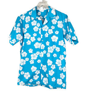 Vintage Made in Hawaii Shirt Blue & White Tropical Button Up Mens Sz S